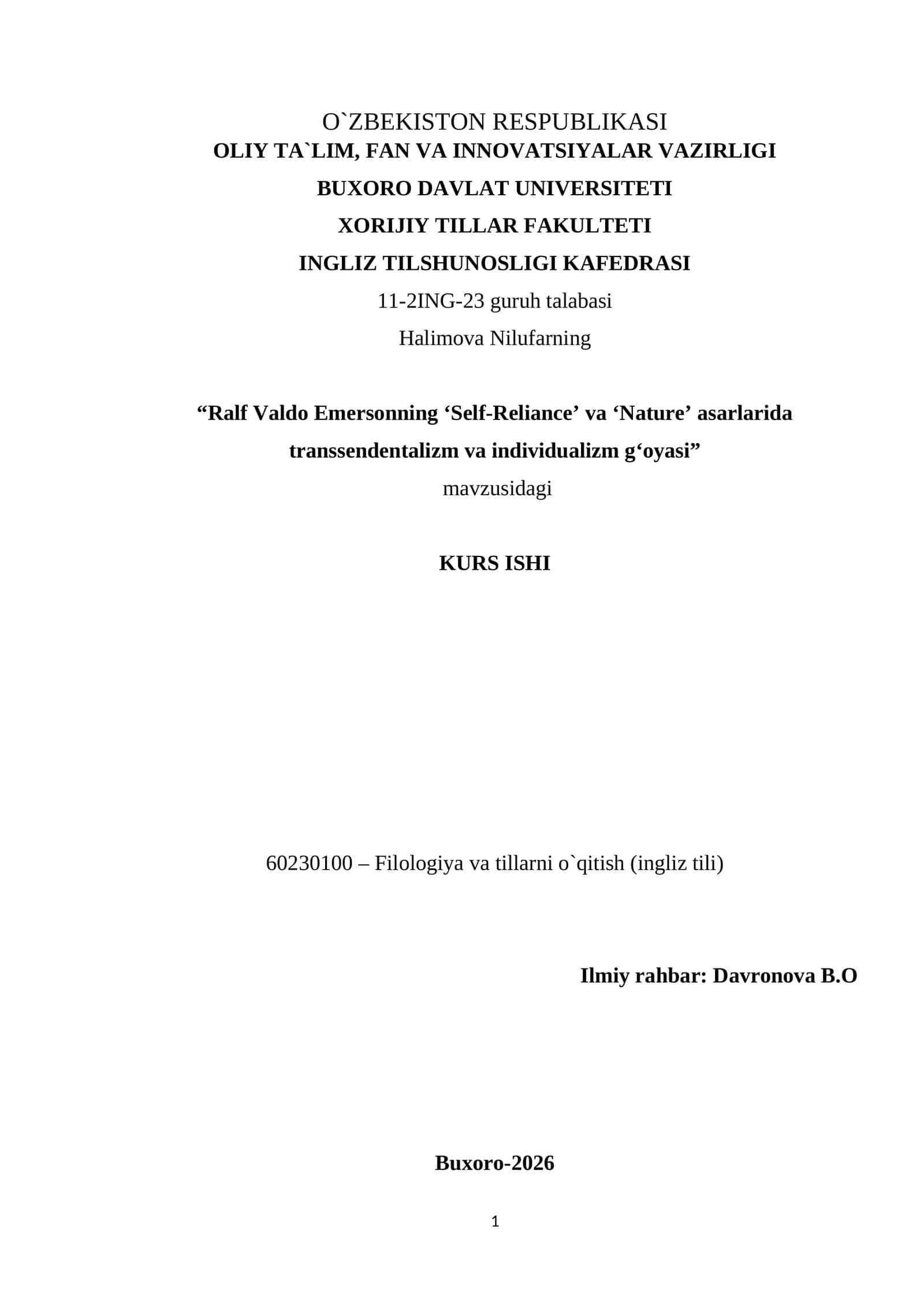 Ralf Valdo Emersonning ‘Self-Reliance’ va ‘Nature’ asarlarida transsendentalizm va individualizm g‘oyasi 1
