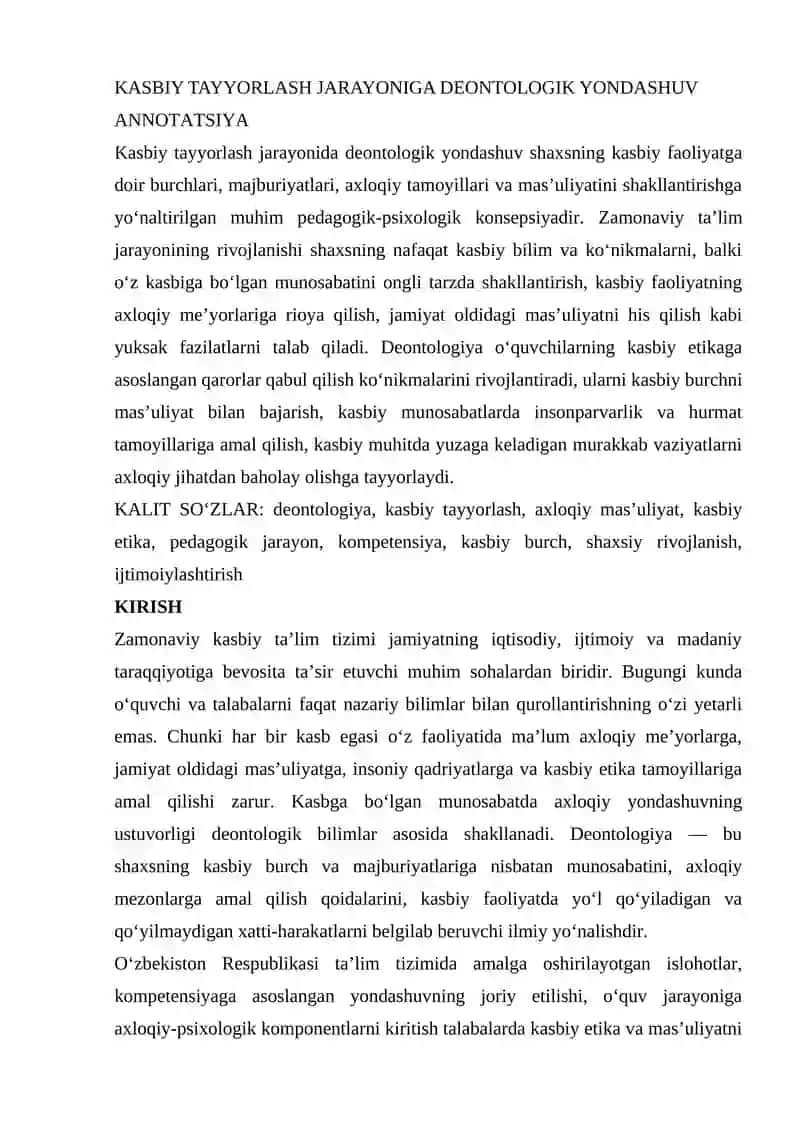 Kasbiy Tayyorlash Jarayoniga Deontologik Yondashuv
