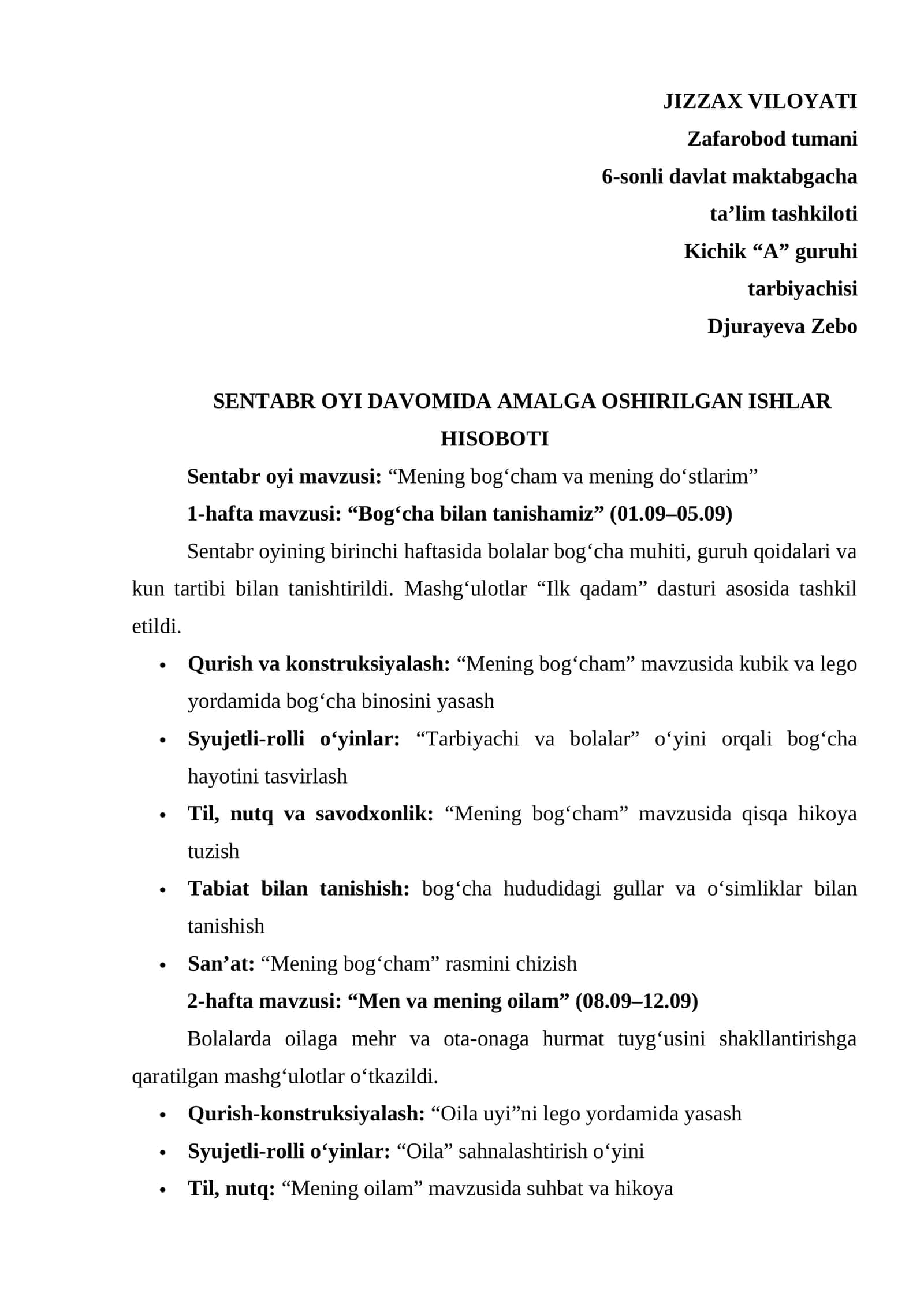 Maktabgacha ta'lim tarbiyachisi uchun Sentabr hisoboti 1
