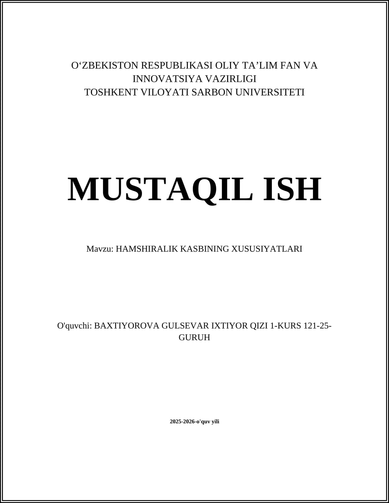 HAMSHIRALIK KASBINING XUSUSIYATLARI 1