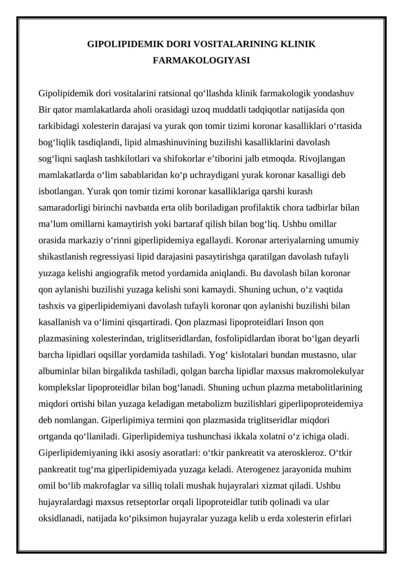 GIPOLIPIDEMIK DORI VOSITALARINING KLINIK FARMAKOLOGIYASI 1
