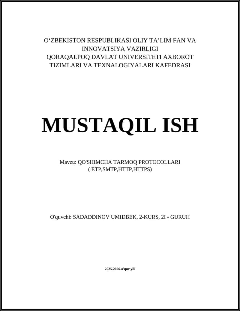 QO'SHIMCHA TARMOQ PROTOCOLLARI ( ETP,SMTP,HTTP,HTTPS) 1