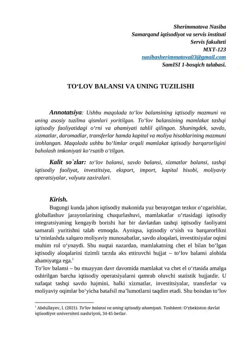 TO‘LOV BALANSI VA UNING TUZILISHI