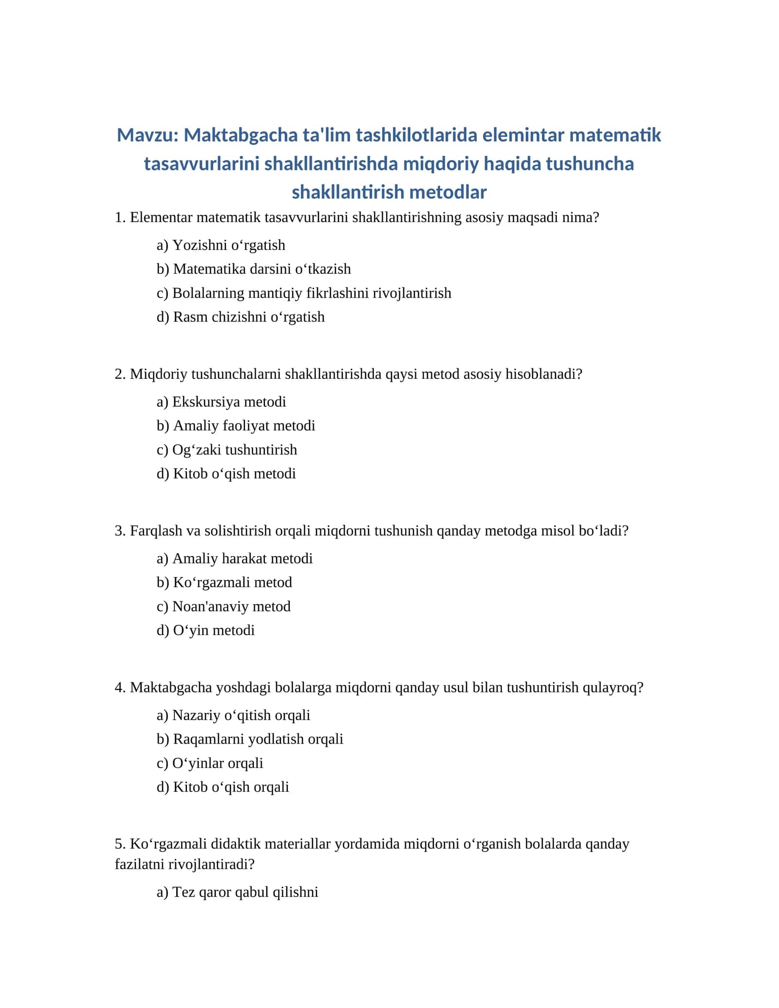Maktabgacha ta'lim tashkilotlarida elemintar matematik tasavvurlarini shakllantirishda miqdoriy haqida tushuncha shakllantirish metodlar 1