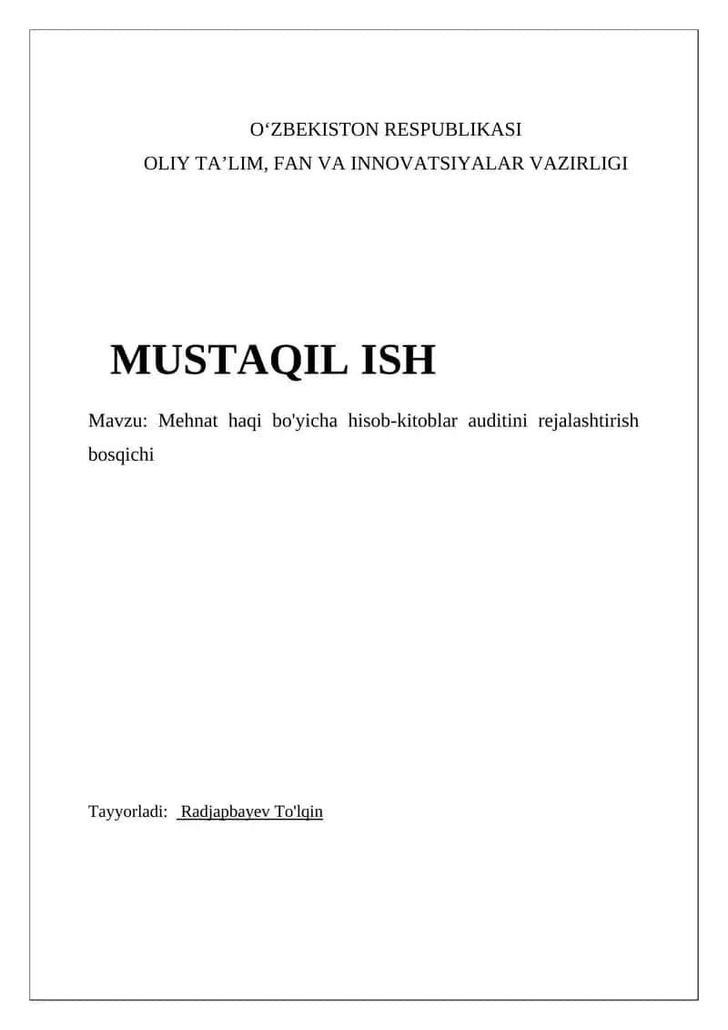 Mehnat haqi bo'yicha hisob-kitoblar auditini rejalashtirish bosqichi 1