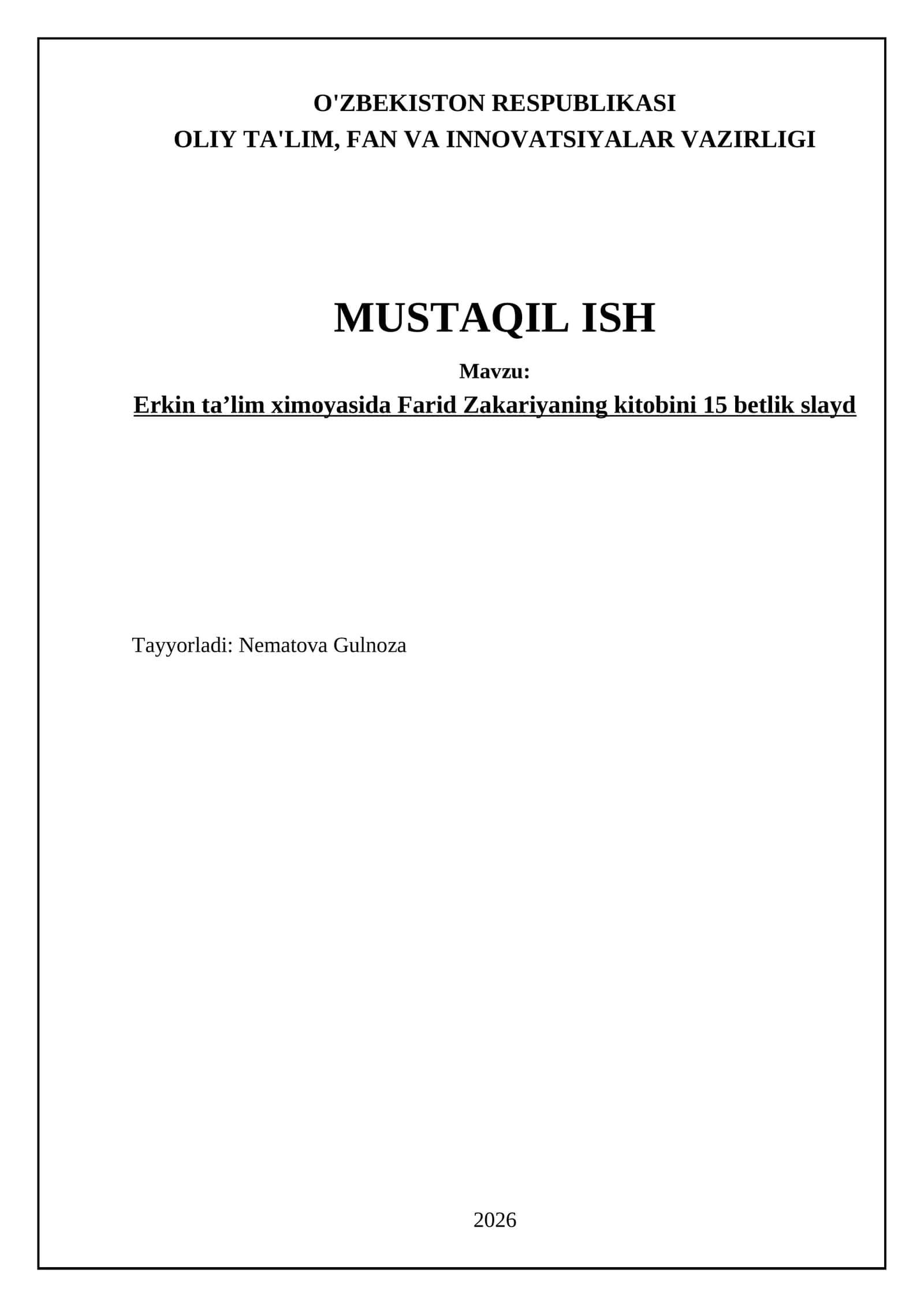 Erkin taʼlim ximoyasida Farid Zakariyaning kitobini 15 betlik slayd 1