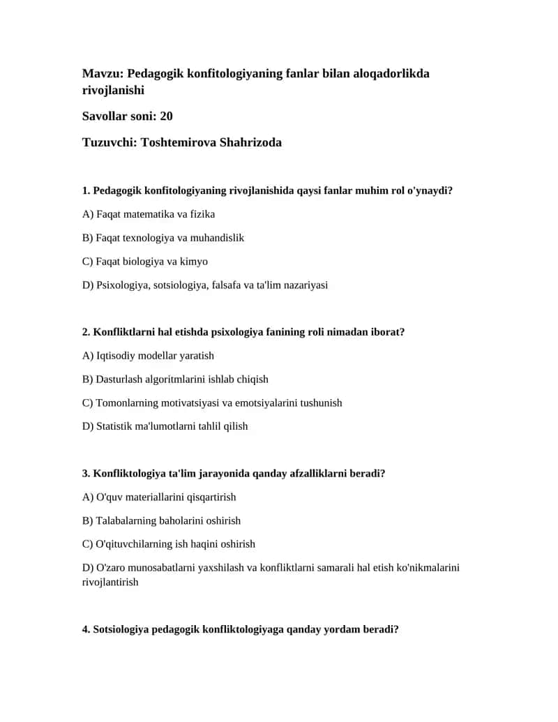 Pedagogik konfitologiyaning fanlar bilan aloqadorlikda rivojlanishi 1