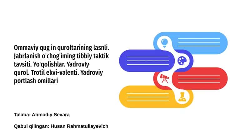 Ommaviy qug in quroltarining lasnli. Jabrlanish o'chog'iming tibbiy taktik tavsiti. Yo'qolishlar. YadrovIy qurol. Trotil ekvi-valenti. Yadroviy portlash omillari 1