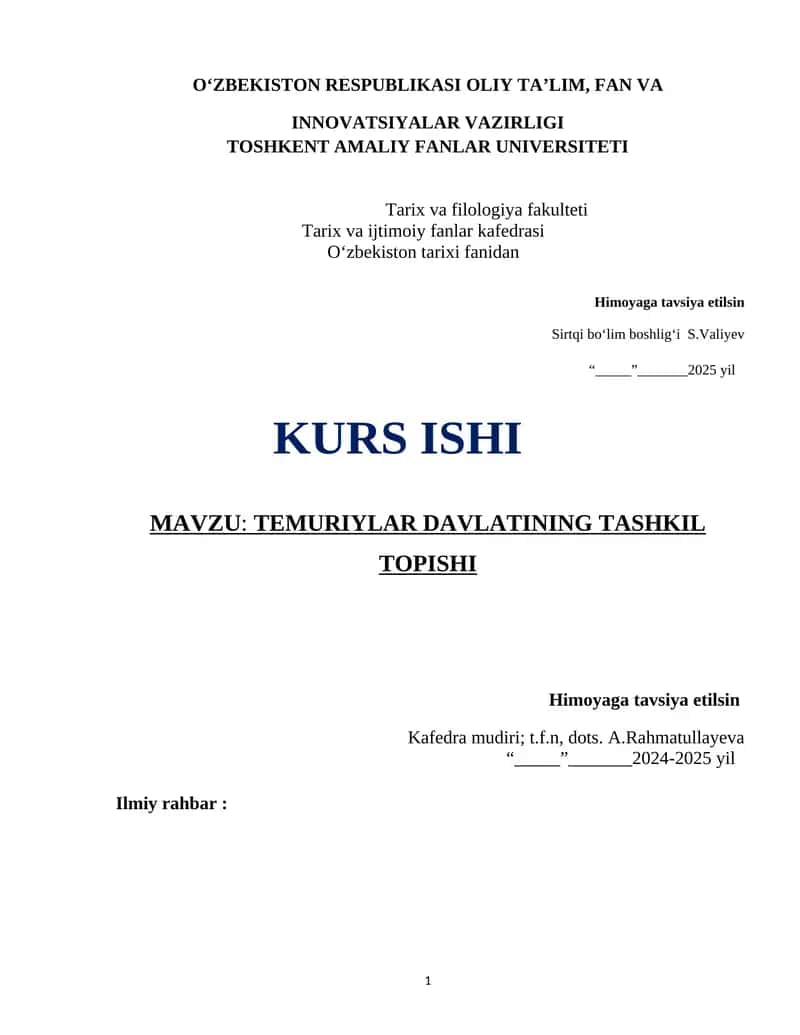 TEMURIYLAR DAVLATINING TASHKIL TOPISHI 1