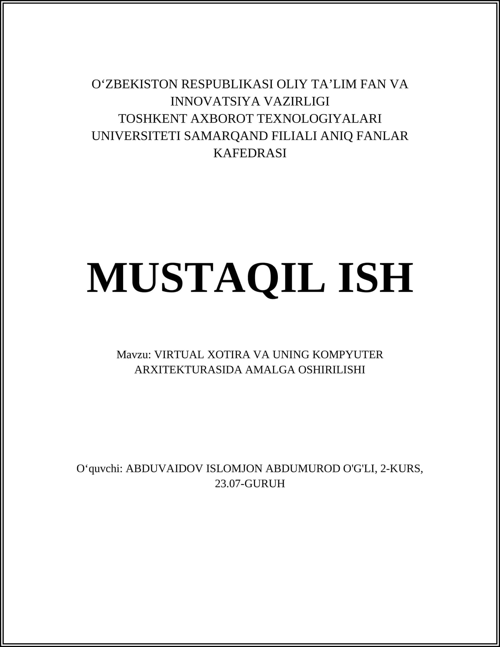 VIRTUAL XOTIRA VA UNING KOMPYUTER ARXITEKTURASIDA AMALGA OSHIRILISHI 1
