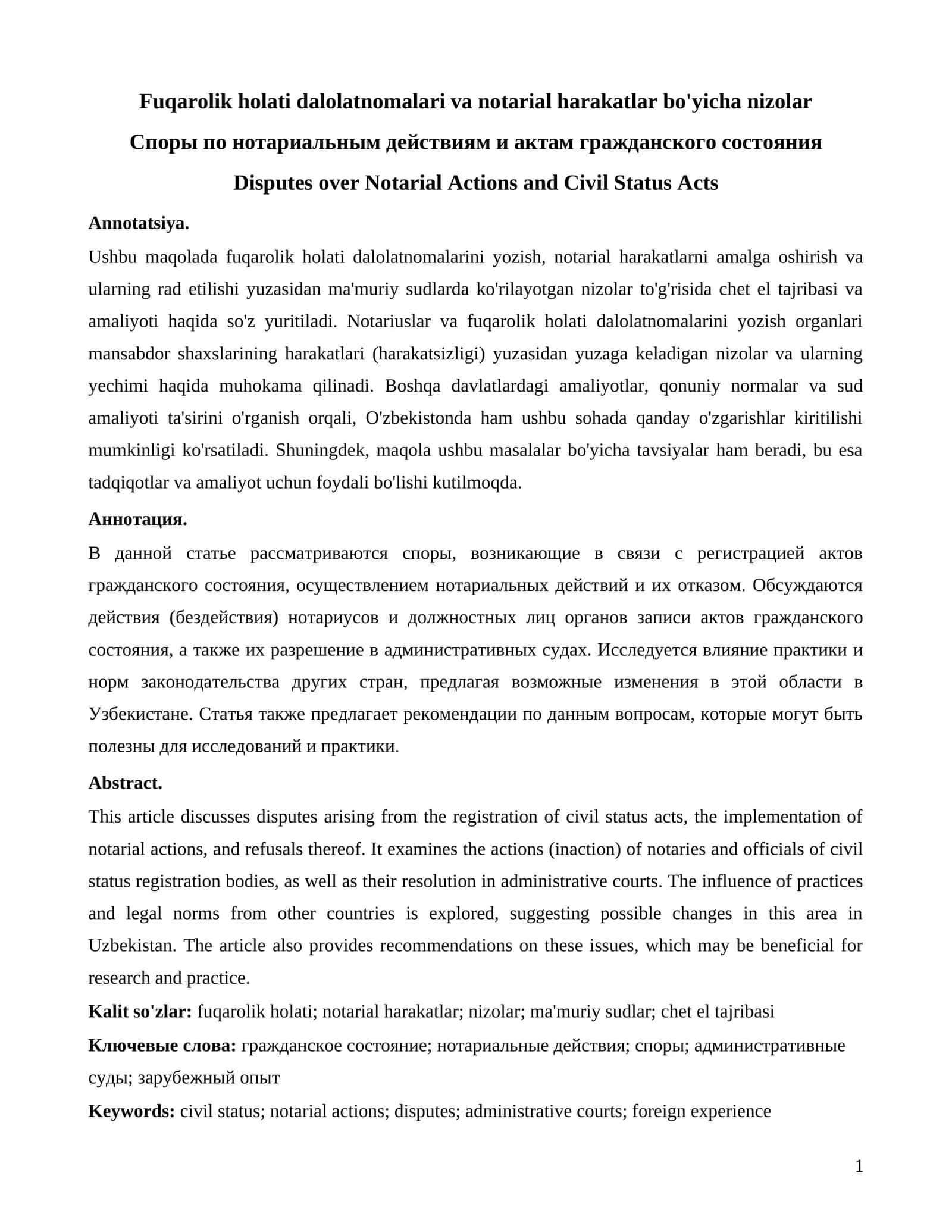 Fuqarolik holati dalolatnomalari va notarial harakatlar bo'yicha nizolar 1