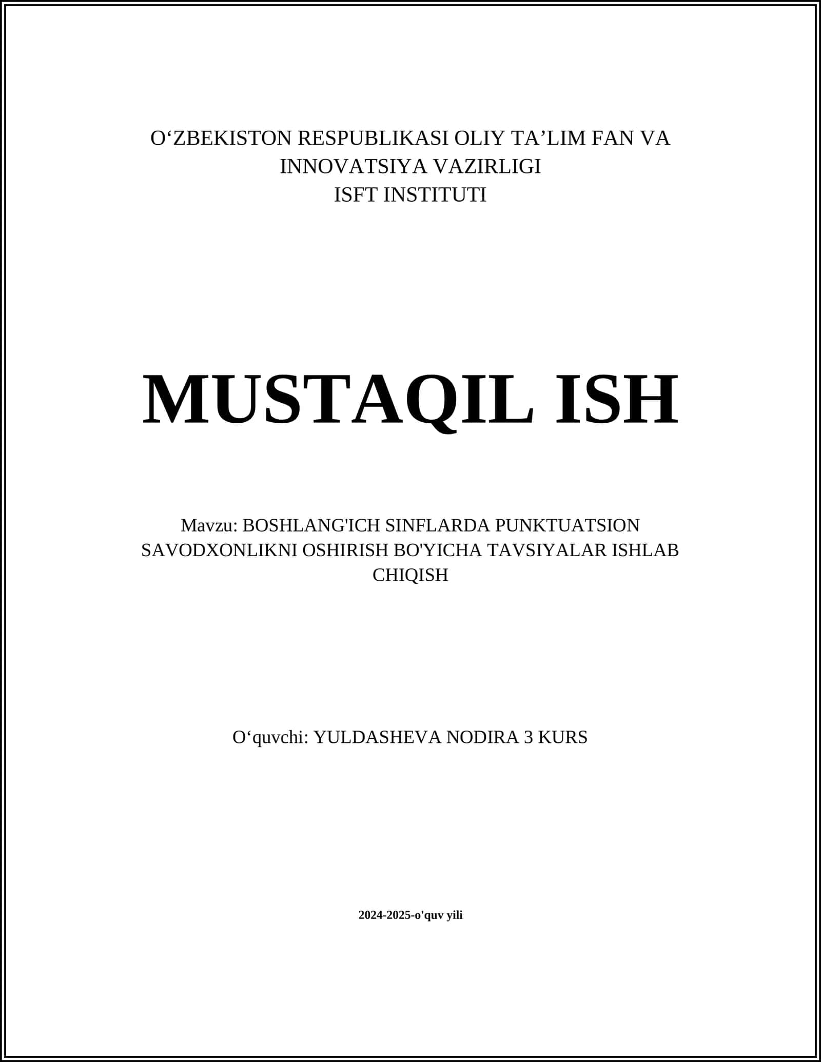 BOSHLANG'ICH SINFLARDA PUNKTUATSION SAVODXONLIKNI OSHIRISH BO'YICHA TAVSIYALAR ISHLAB CHIQISH 1