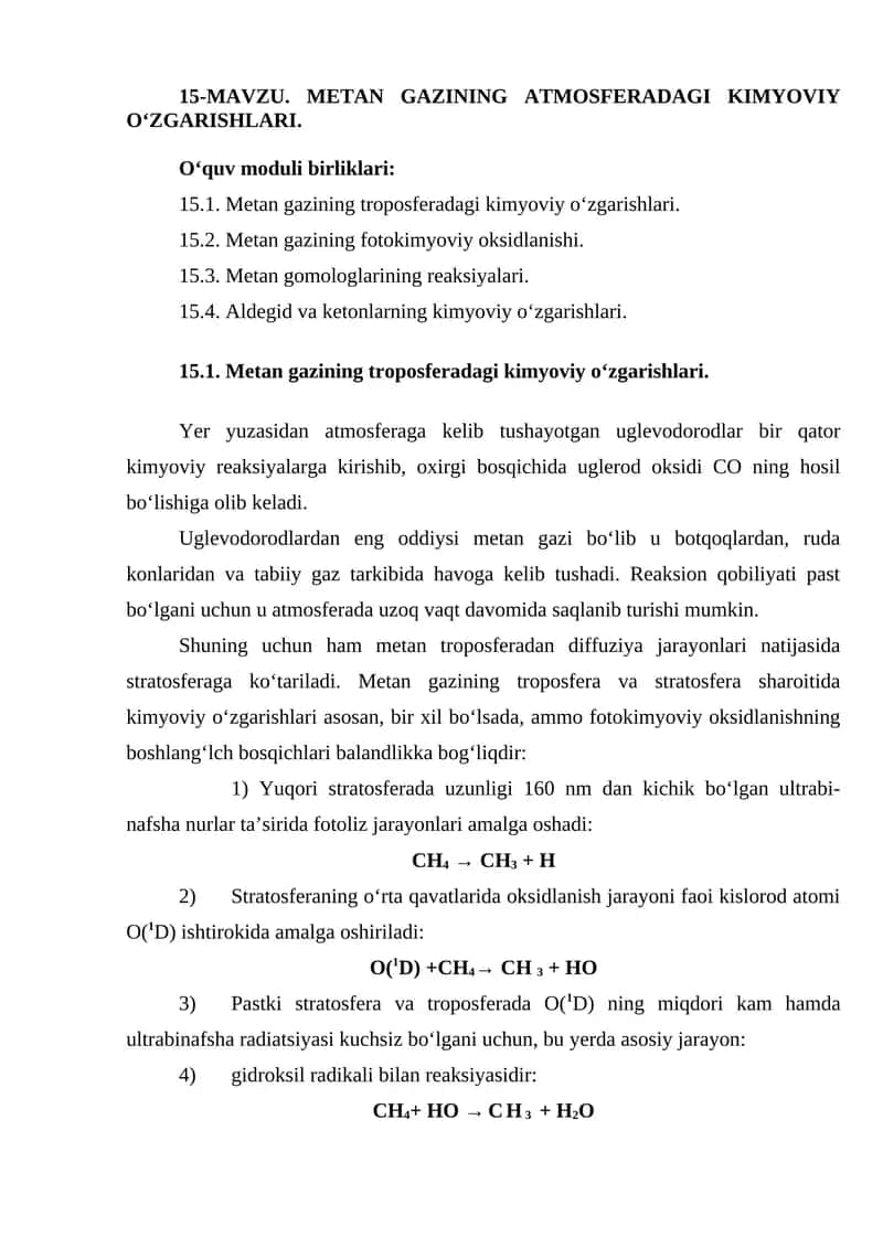 Metan gazining atmosferadagi kimyoviy o‘zgarishlari 1