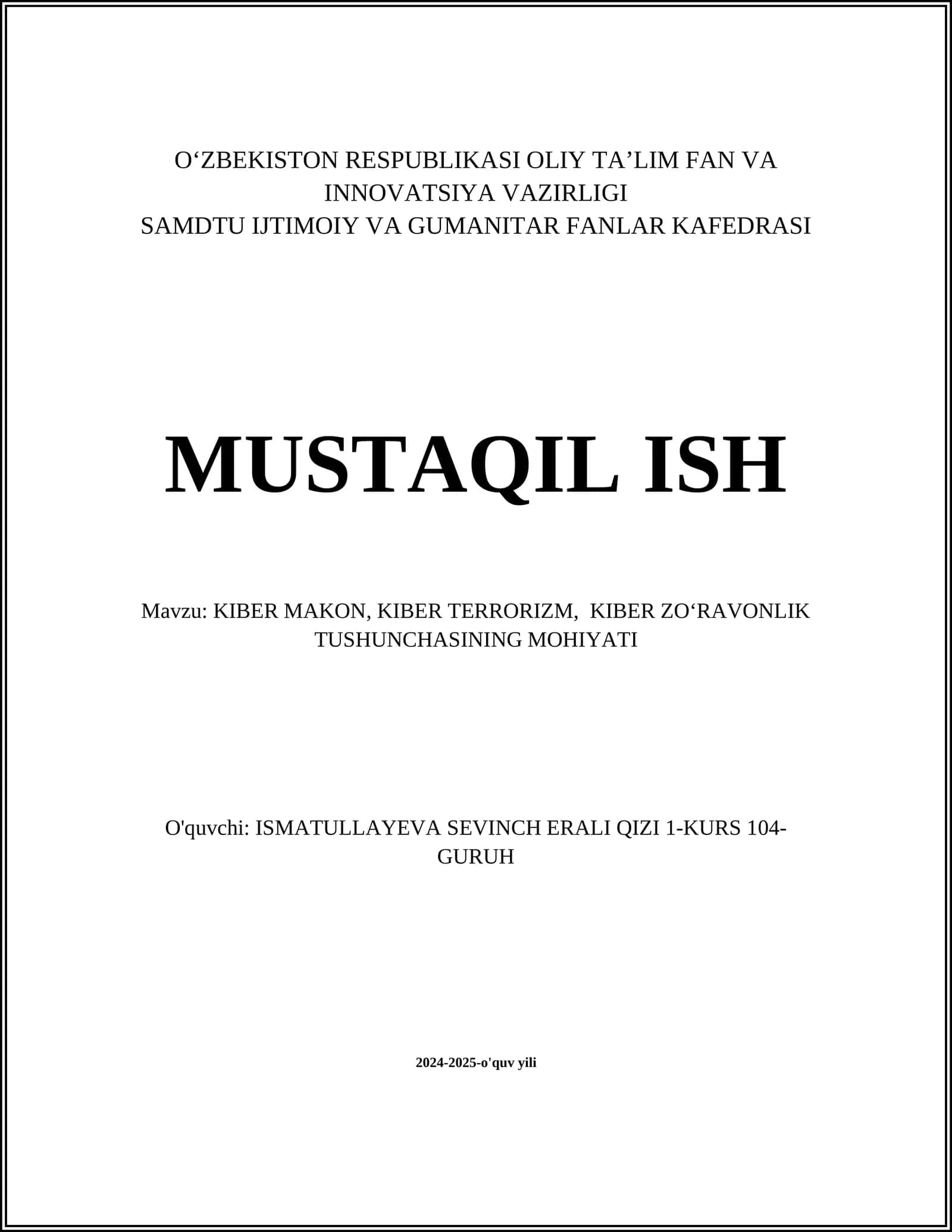 KIBER MAKON, KIBER TERRORIZM, KIBER ZOʻRAVONLIK TUSHUNCHASINING MOHIYATI 1