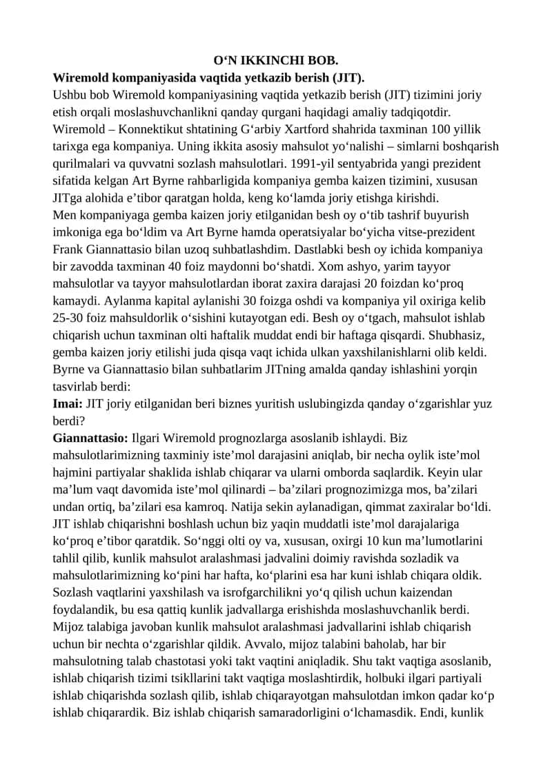 Wiremold kompaniyasidagi vaqtida yetkazib berish (JIT) tizimini joriy etish 1