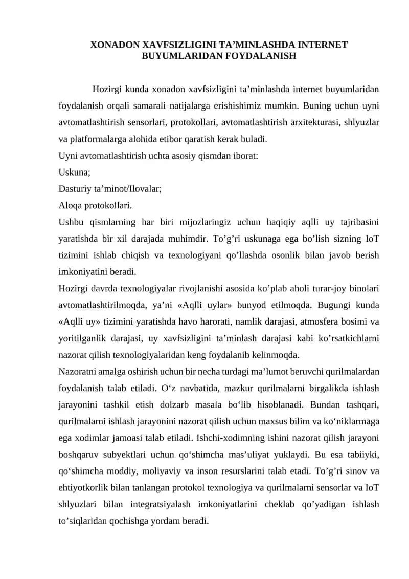 Xonadon xavfsizligini ta'minlashda internet buyumlaridan foydalanish 1