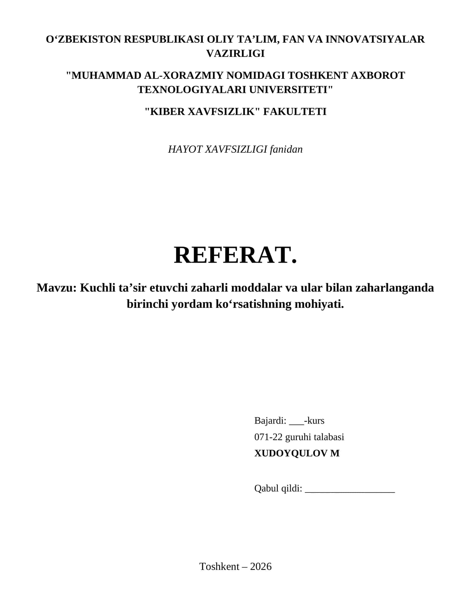 Kuchli ta’sir etuvchi zaharli moddalar va ular bilan zaharlanganda birinchi yordam ko‘rsatishning mohiyati. 1