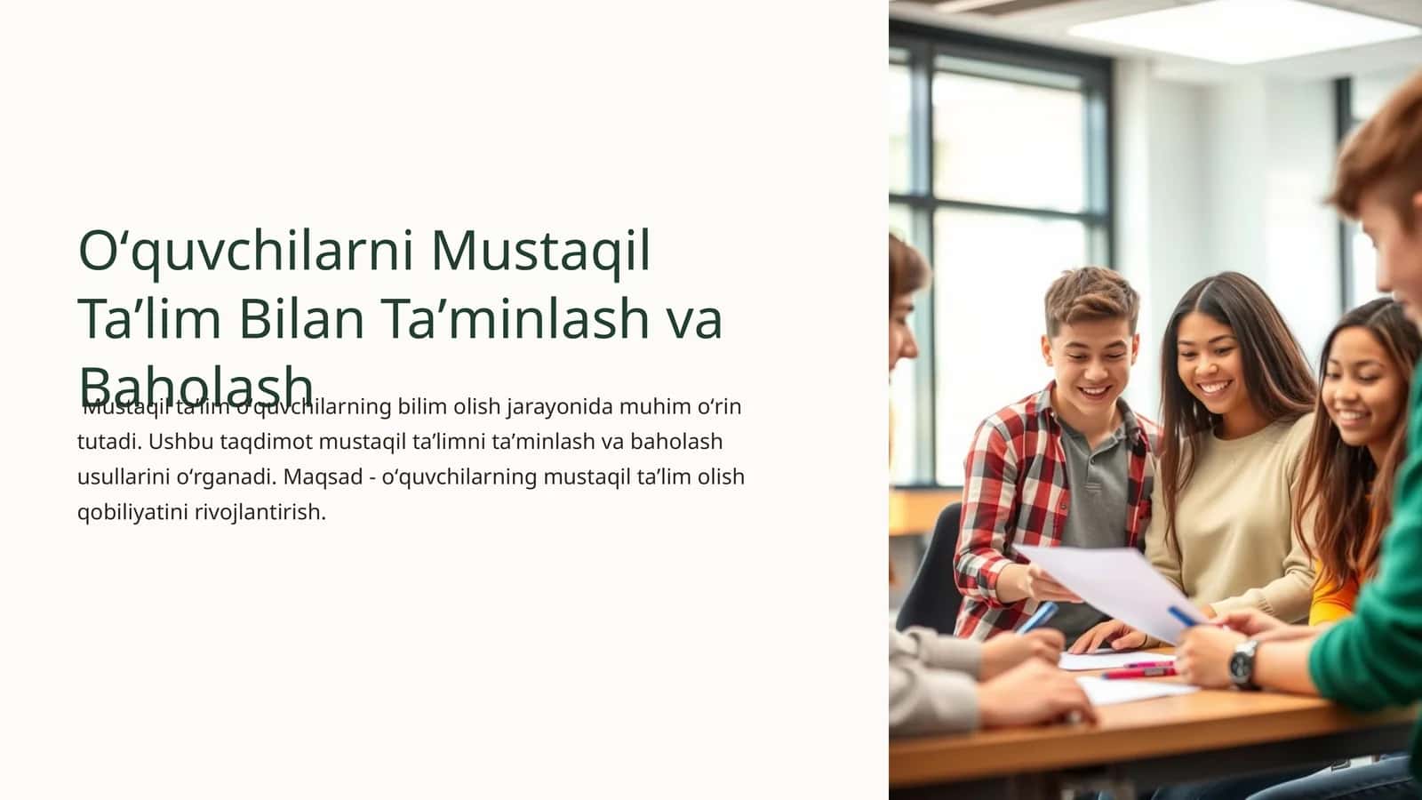 Oʻquvchilarni Mustaqil Taʼlim Bilan Taʼminlash va Baholash 1