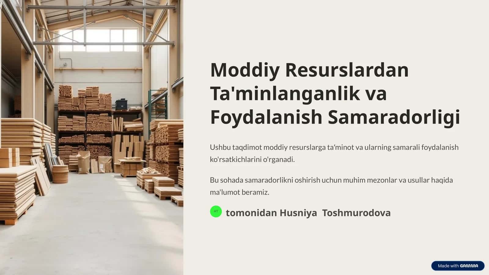 Moddiy Resurslardan Ta'minlanganlik va Foydalanish Samaradorligi 1