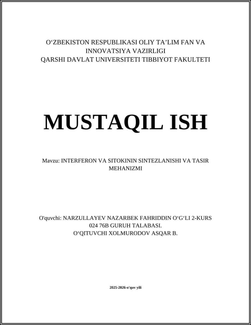 INTERFERON VA SITOKININ SINTEZLANISHI VA TASIR MEHANIZMI 1