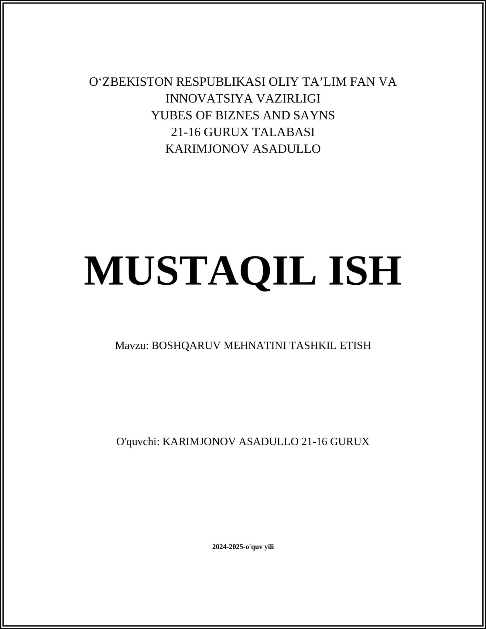 BOSHQARUV MEHNATINI TASHKIL ETISH 1
