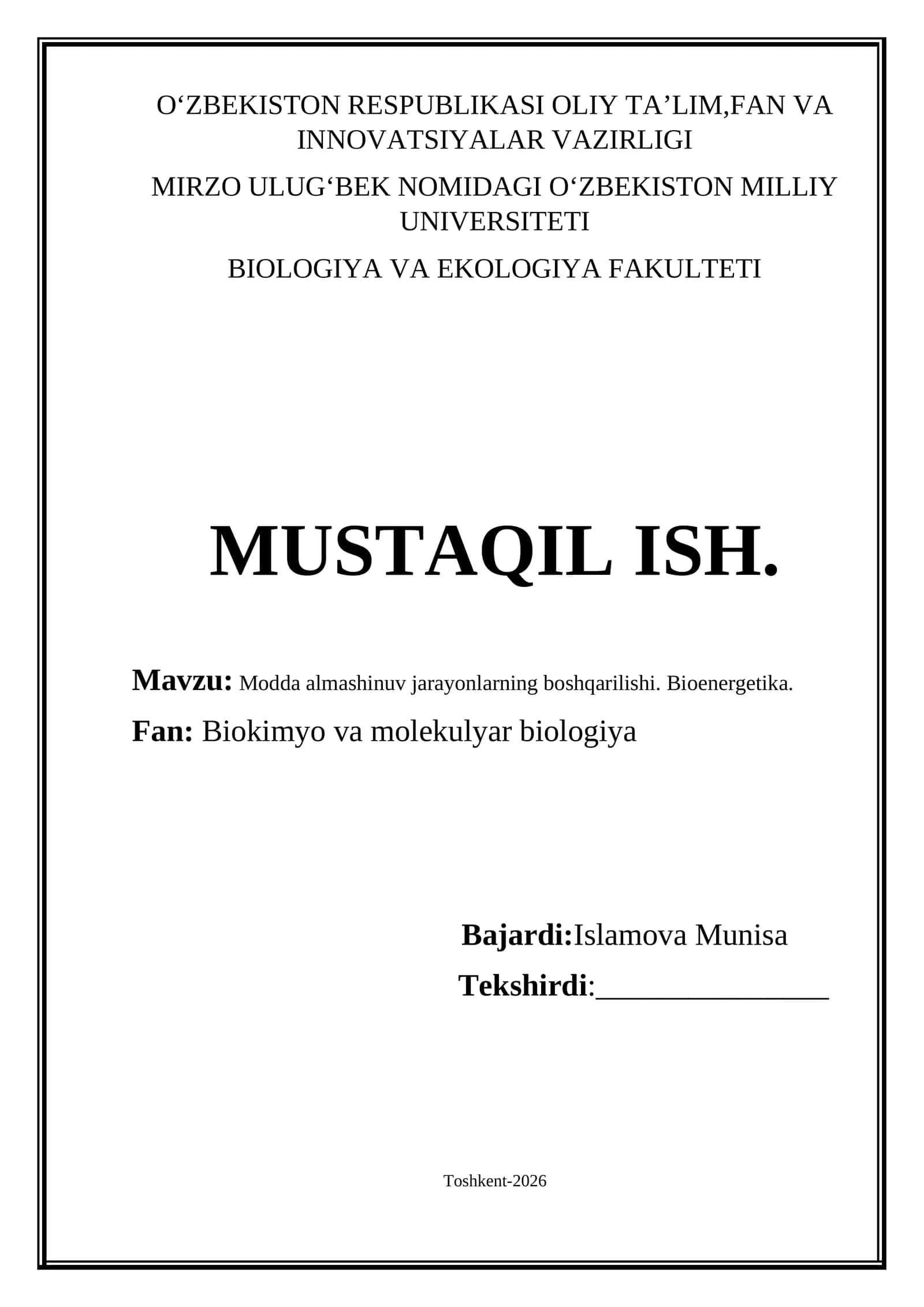 Modda almashinuv jarayonlarning boshqarilishi. Bioenergetika 1