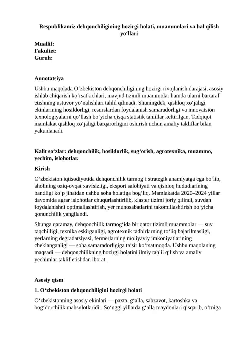 O‘zbekiston dehqonchiligining hozirgi holati, muammolari va hal qilish yo‘llari 1