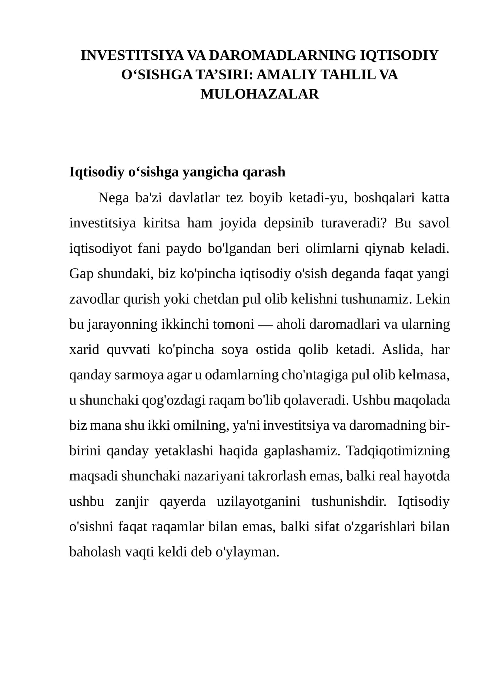 INVESTITSIYA VA DAROMADLARNING IQTISODIY O‘SISHGA TA’SIRI: AMALIY TAHLIL VA MULOHAZALAR 1