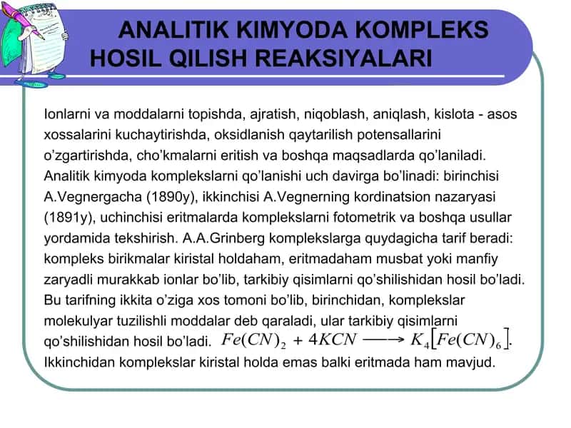 Analitik kimyoda ishlatiladigan Komplekslarning turlari 1