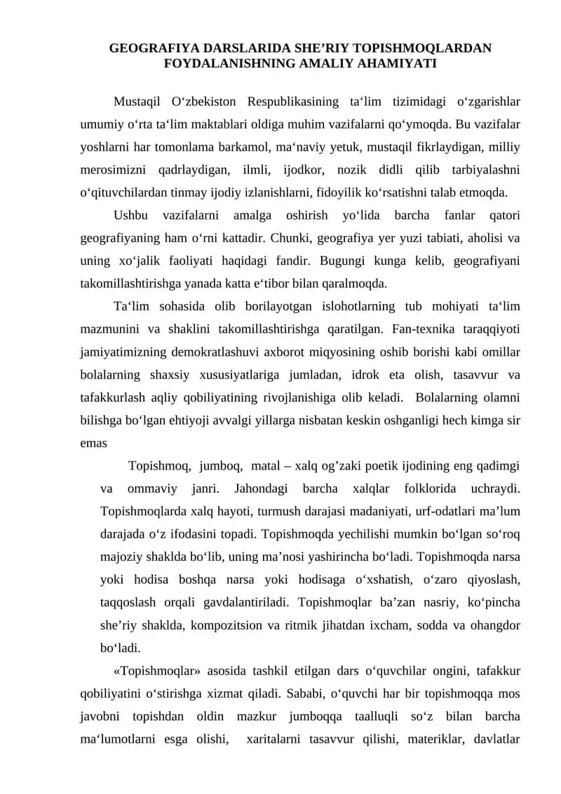 GEOGRAFIYA DARSLARIDA she’riy Topishmoqlardan foydalanishning amaliy ahamiyati 1