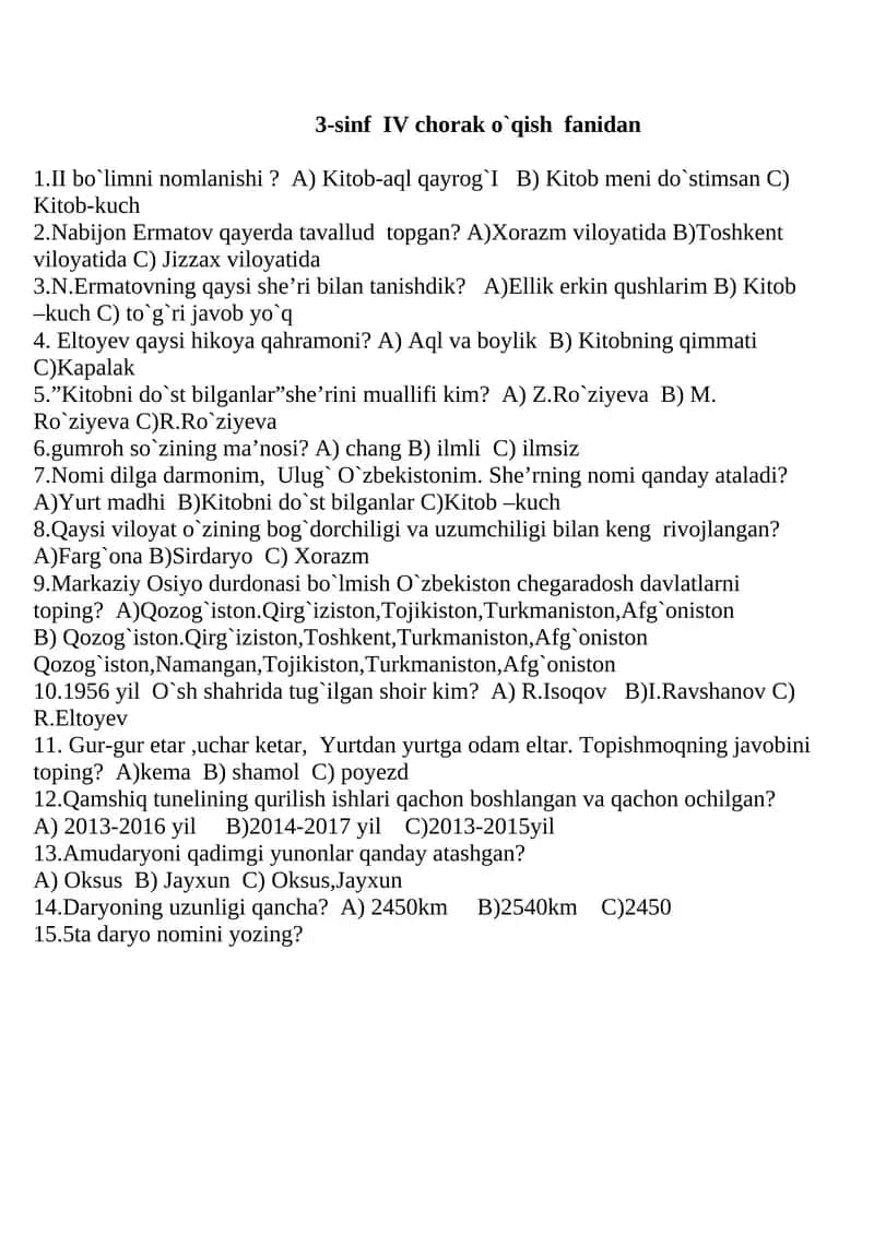 3-sinf IV chorak o`qish fanidan 1