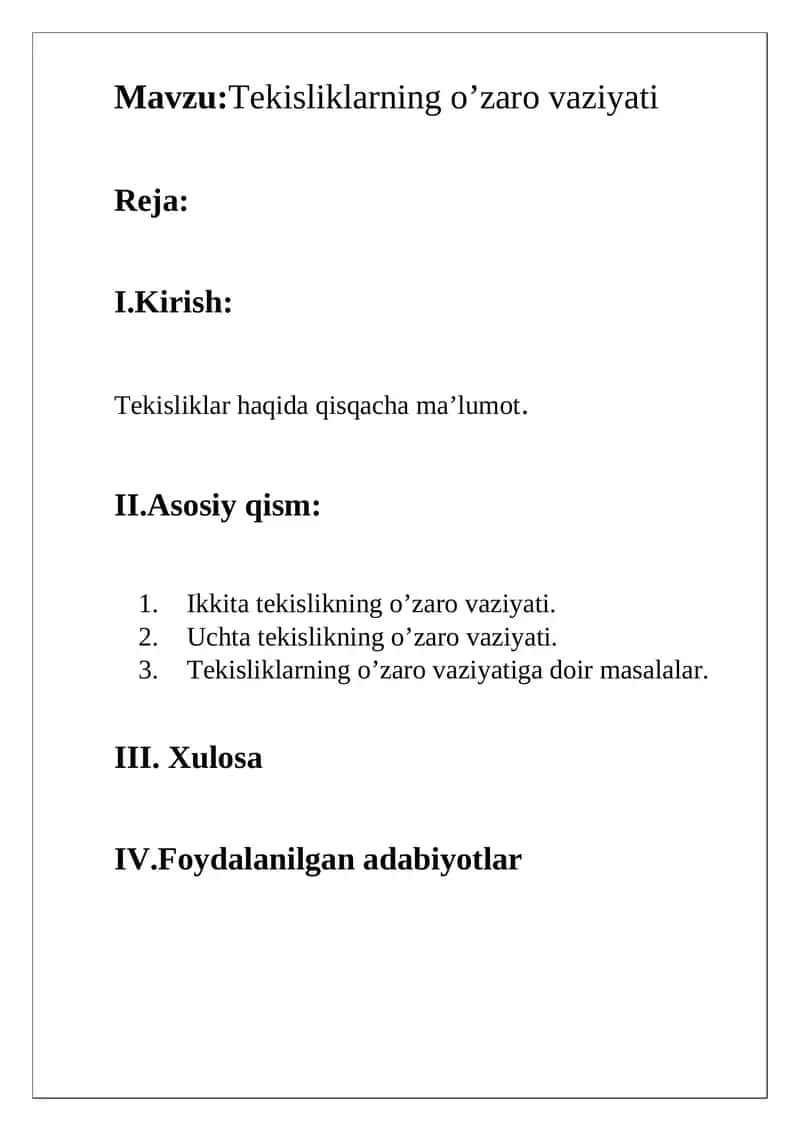 Tekisliklarning o’zaro vaziyati 1