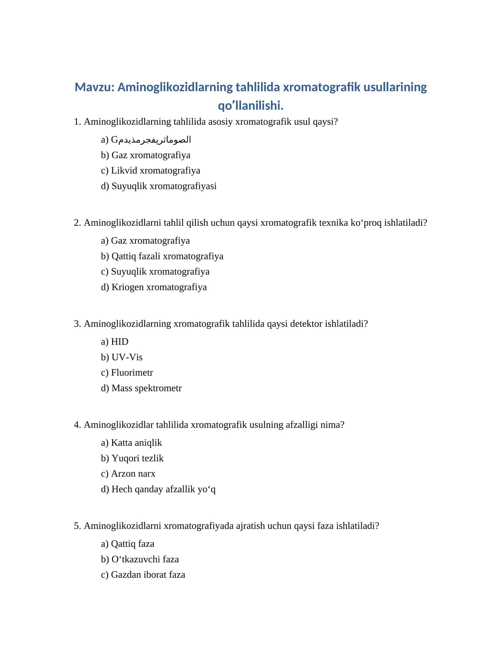 Aminoglikozidlarning tahlilida xromatografik usullarining qo′llanilishi 1