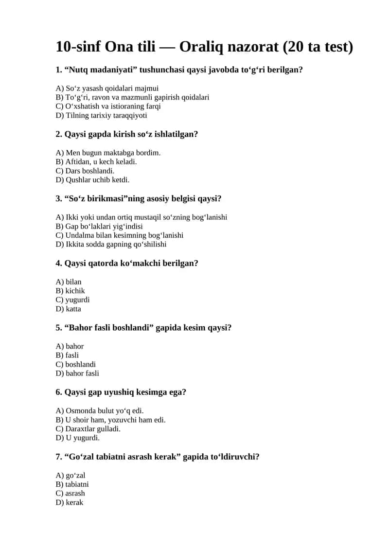 10-sinf Ona tili — Oraliq nazorat (20 ta test) 1