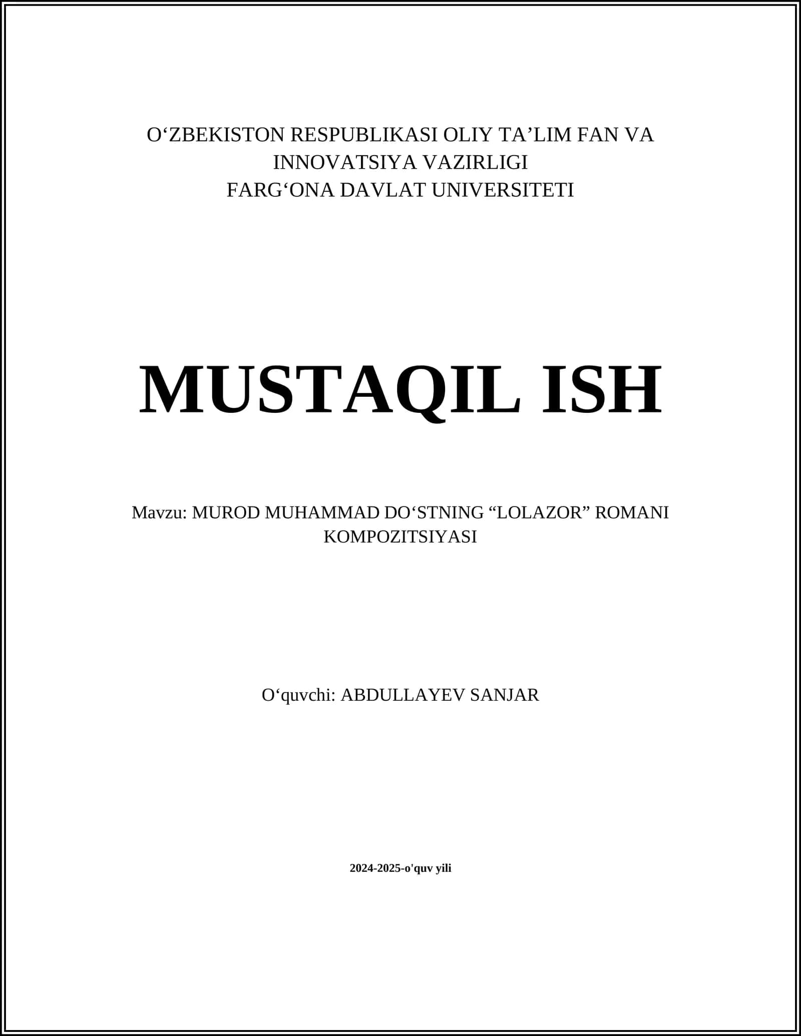 MUROD MUHAMMAD DO‘STNING “LOLAZOR” ROMANI KOMPOZITSIYASI 1