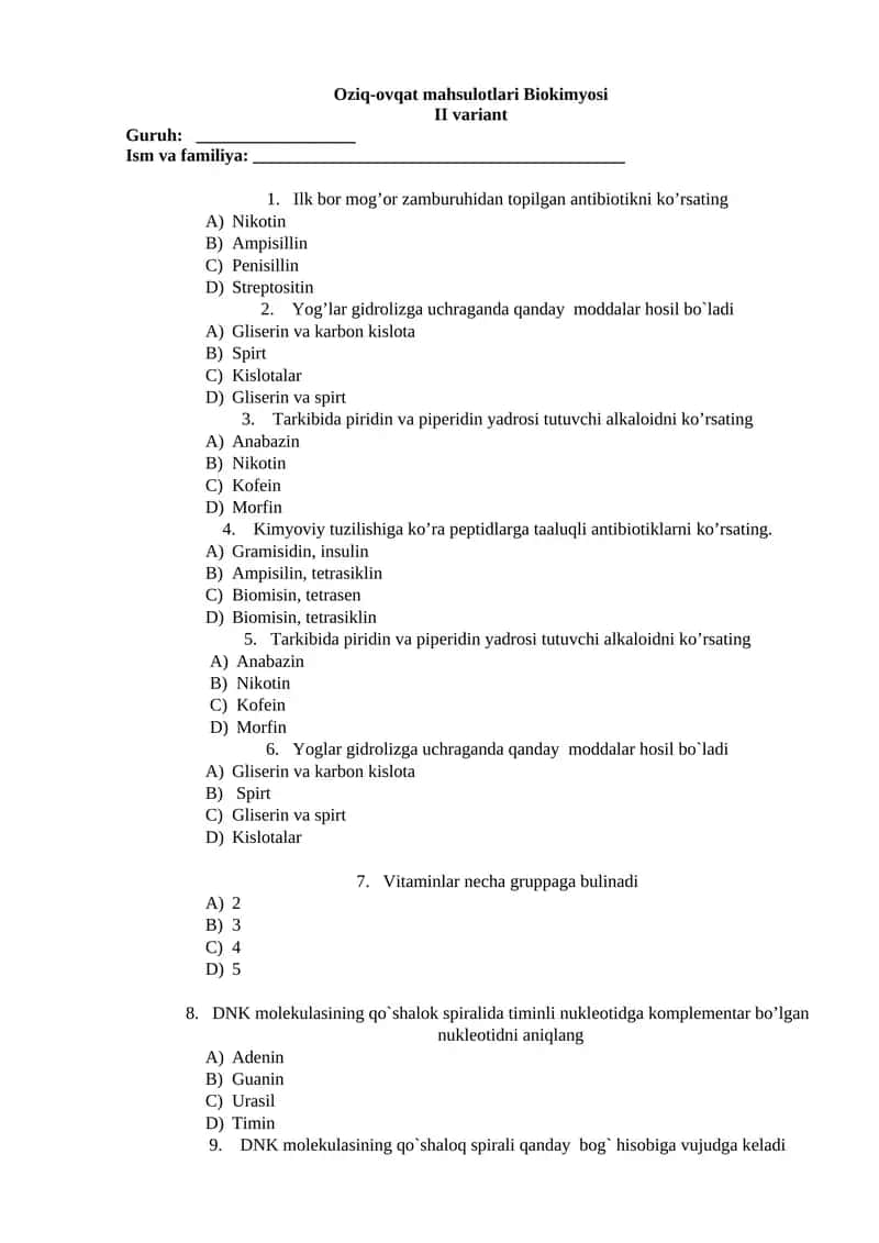 Oziq-ovqat mahsulotlari Biokimyosi II variant 1