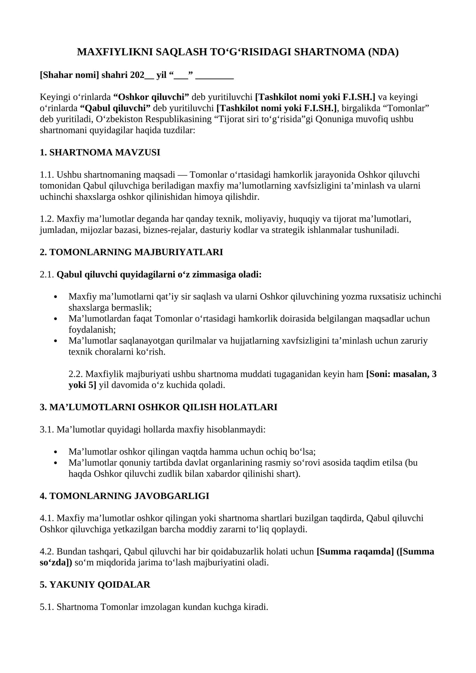 MAXFIYLIKNI SAQLASH TO‘G‘RISIDAGI SHARTNOMA (NDA) 2026 1