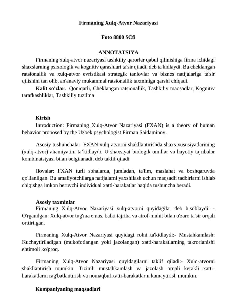 Firmaning Xulq-Atvor Nazariyasi 1