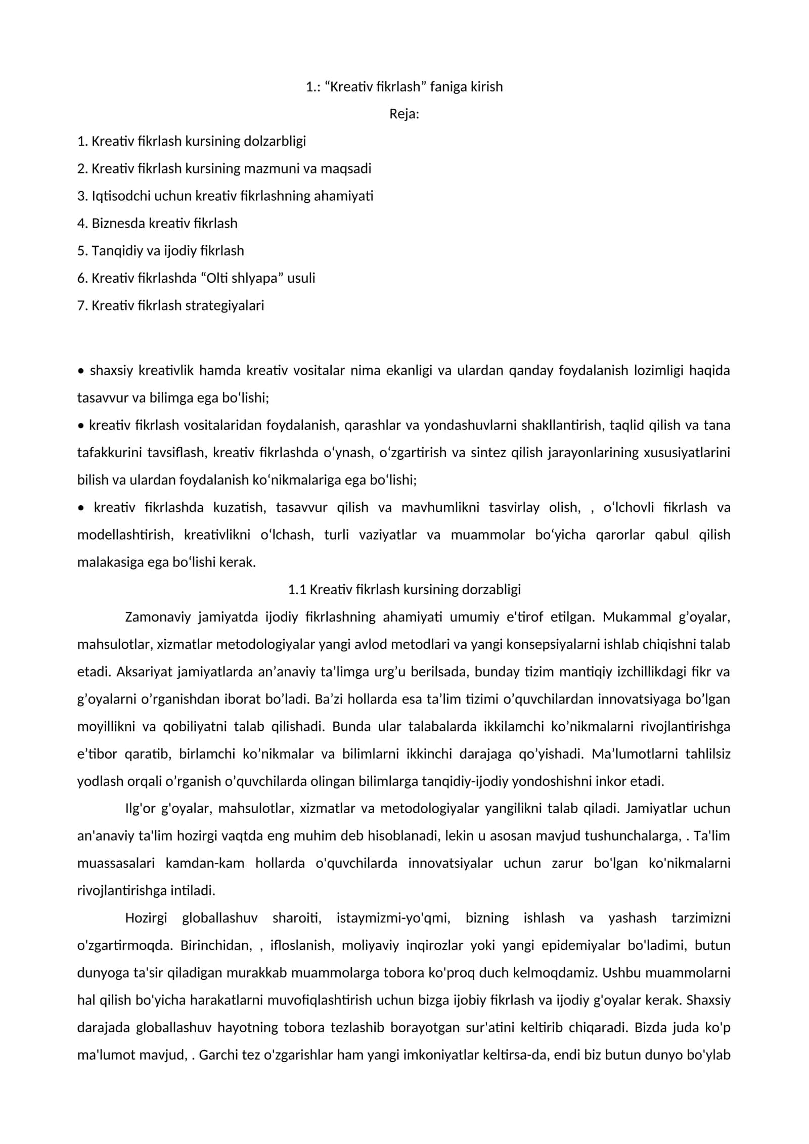 Kreativ fikrlash kursi 1