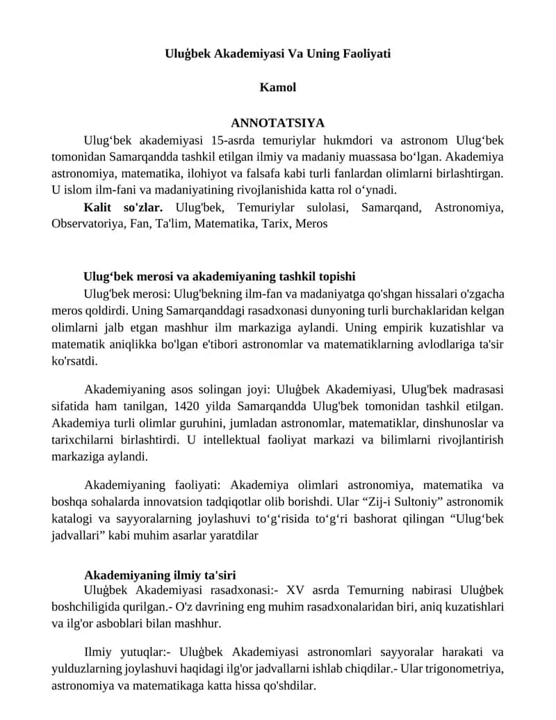 Uluģbek Akademiyasi Va Uning Faoliyati 1