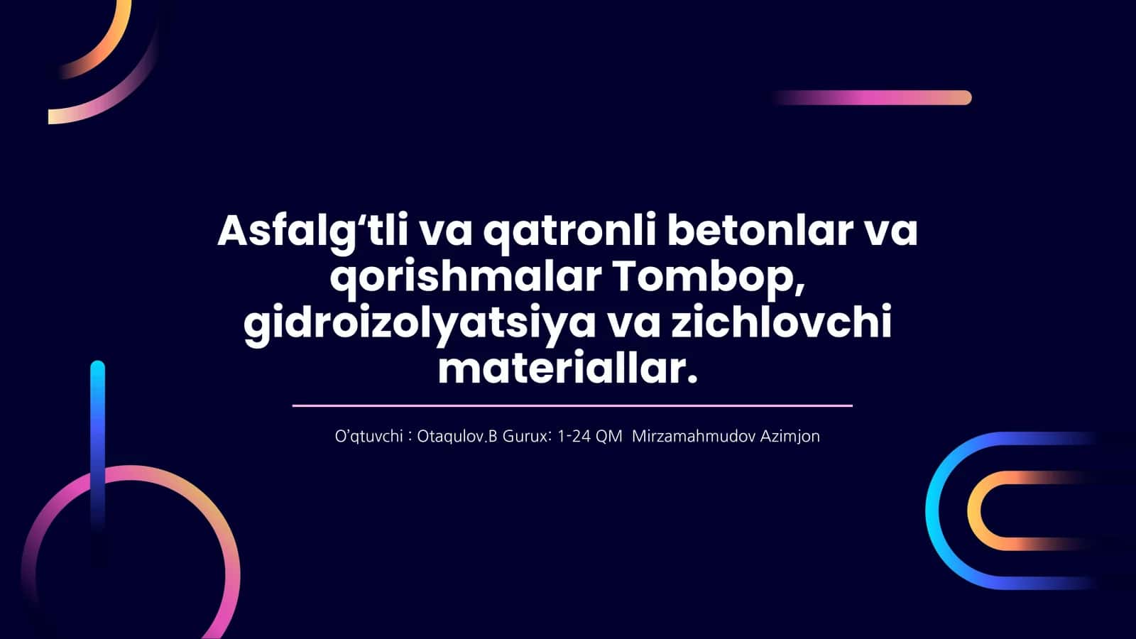 Asfalg‘tli va qatronli betonlar va qorishmalar Tombop, gidroizolyatsiya va zichlovchi materiallar 1