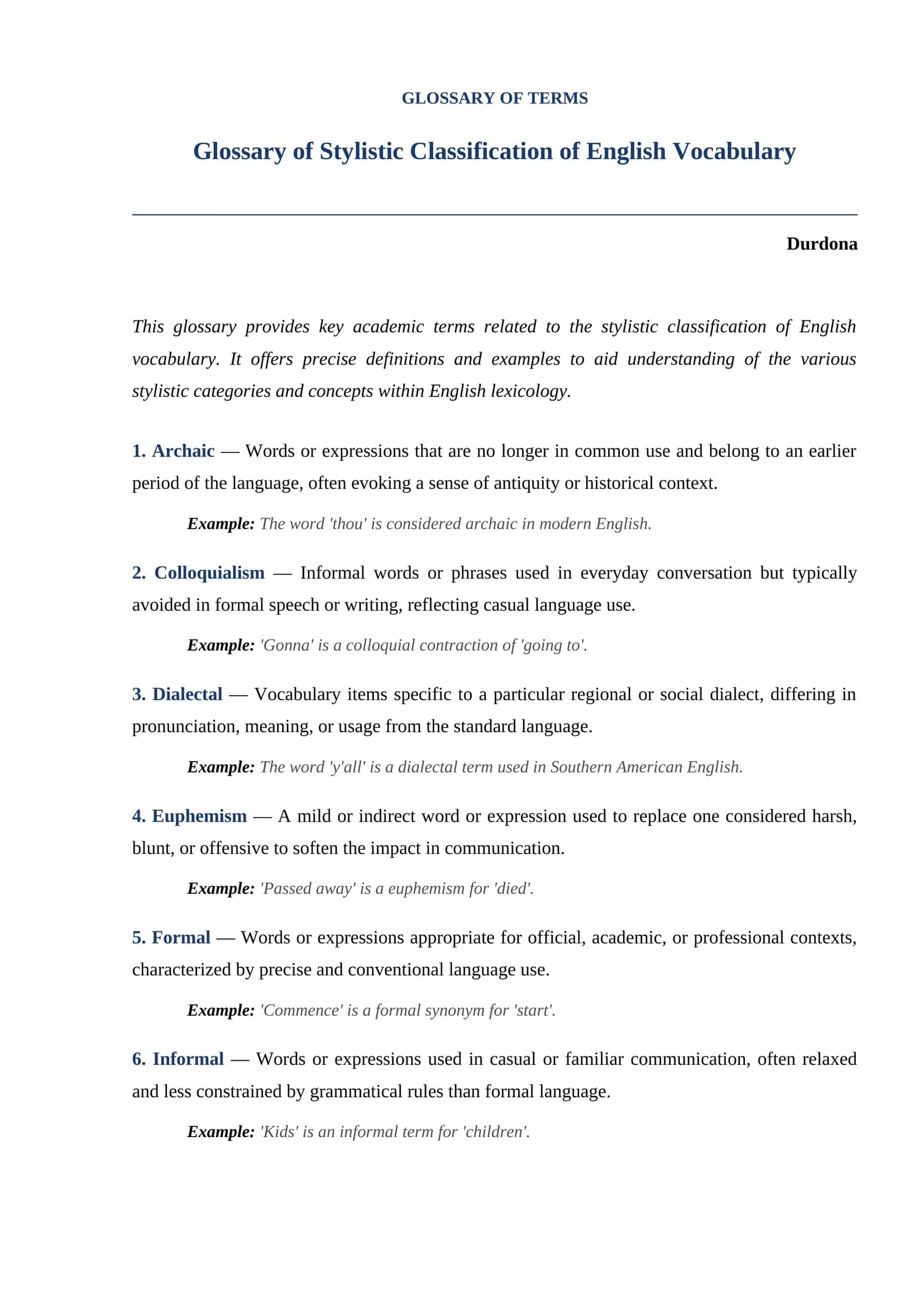 Glossary of Stylistic Classification of English Vocabulary 1