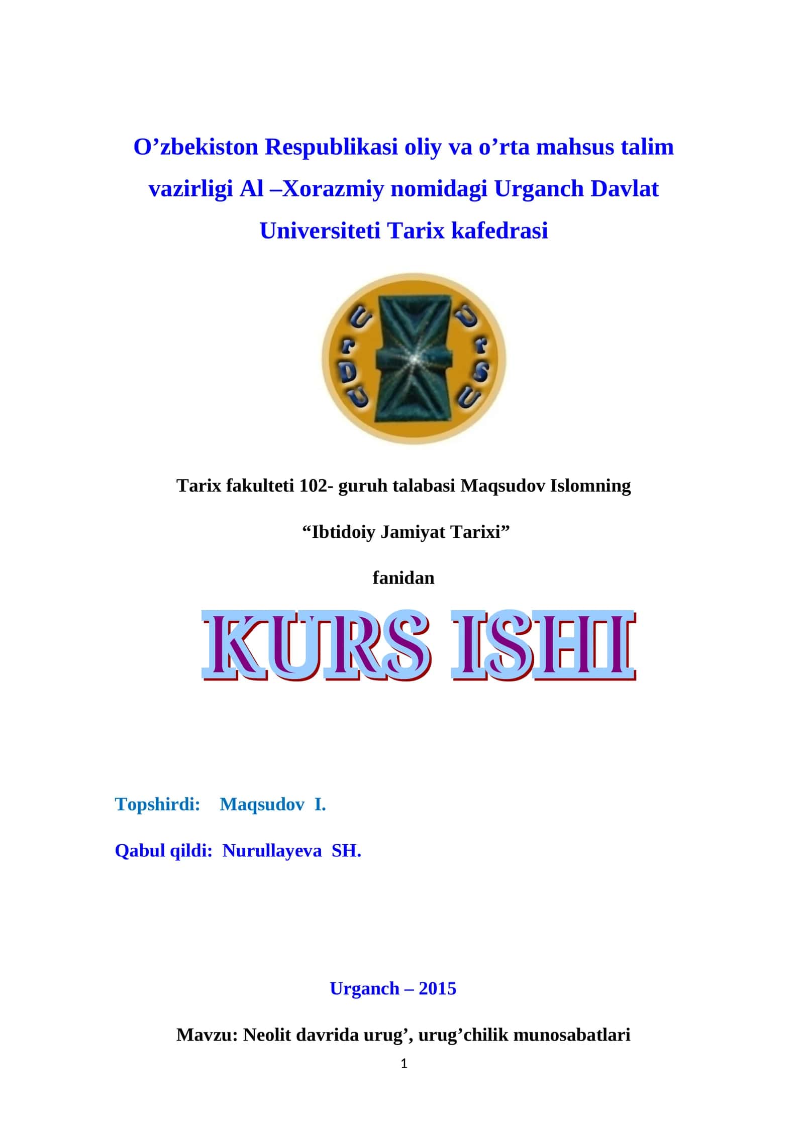 Neolit davrida urug’, urug’chilik munosabatlari 1