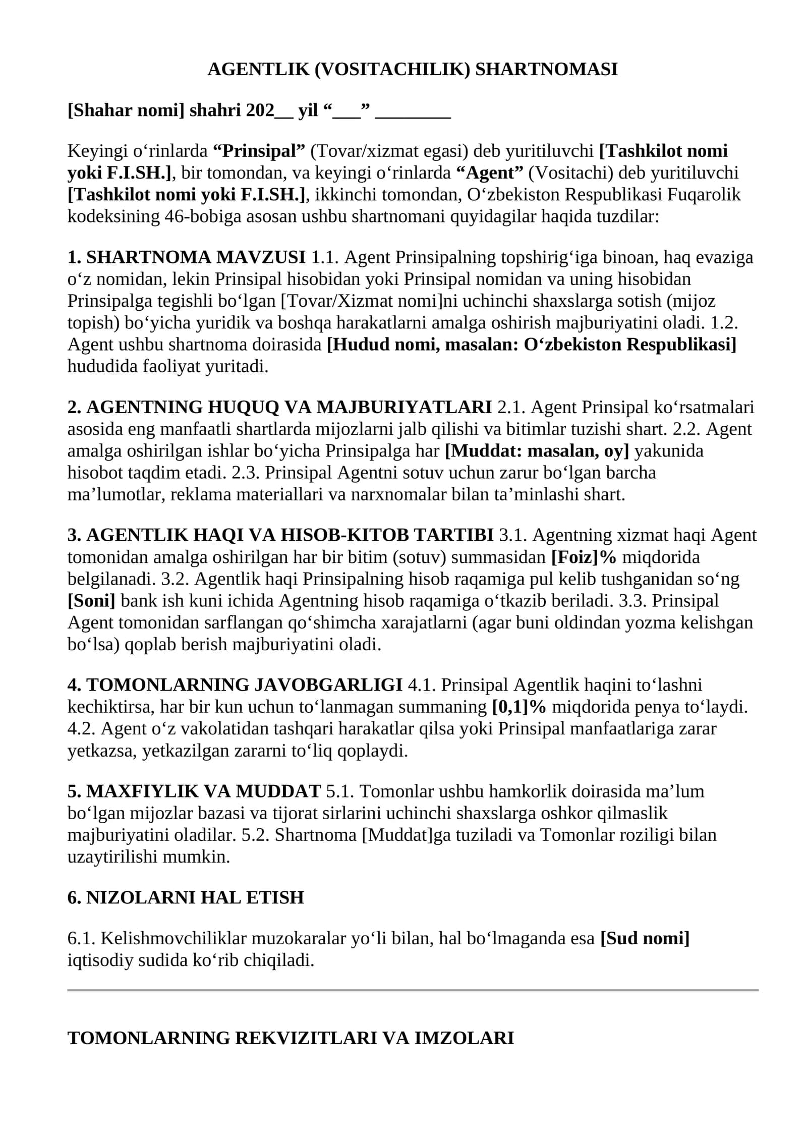 AGENTLIK (VOSITACHILIK) SHARTNOMASI NAMUNA 2026 1