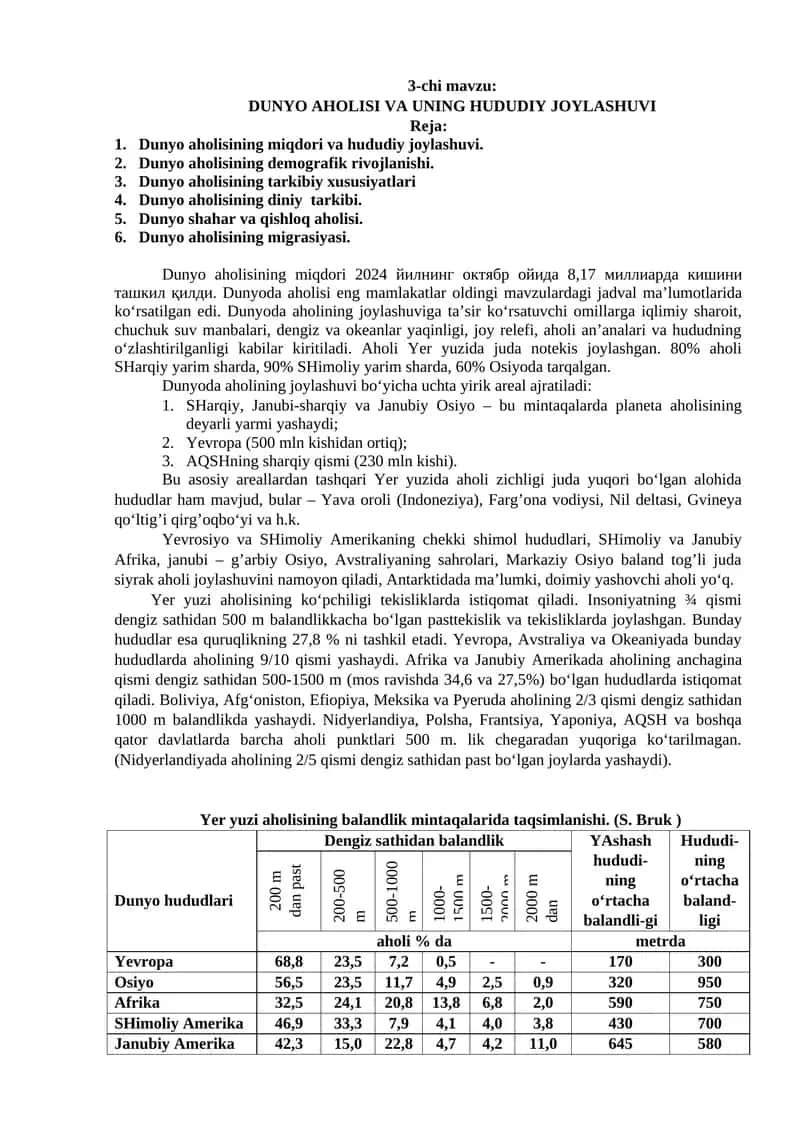 DUNYO AHОLISI VA UNING HUDUDIY JOYLASHUVI 1