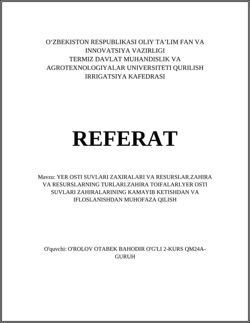 Yer osti suvlari zaxiralari va resurslar 1