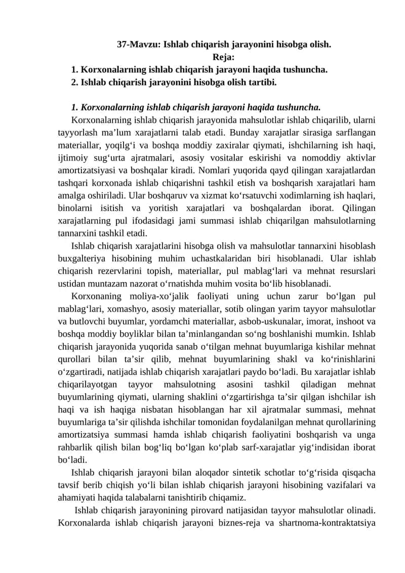 Ishlab chiqarish jarayonini hisobga olish 1
