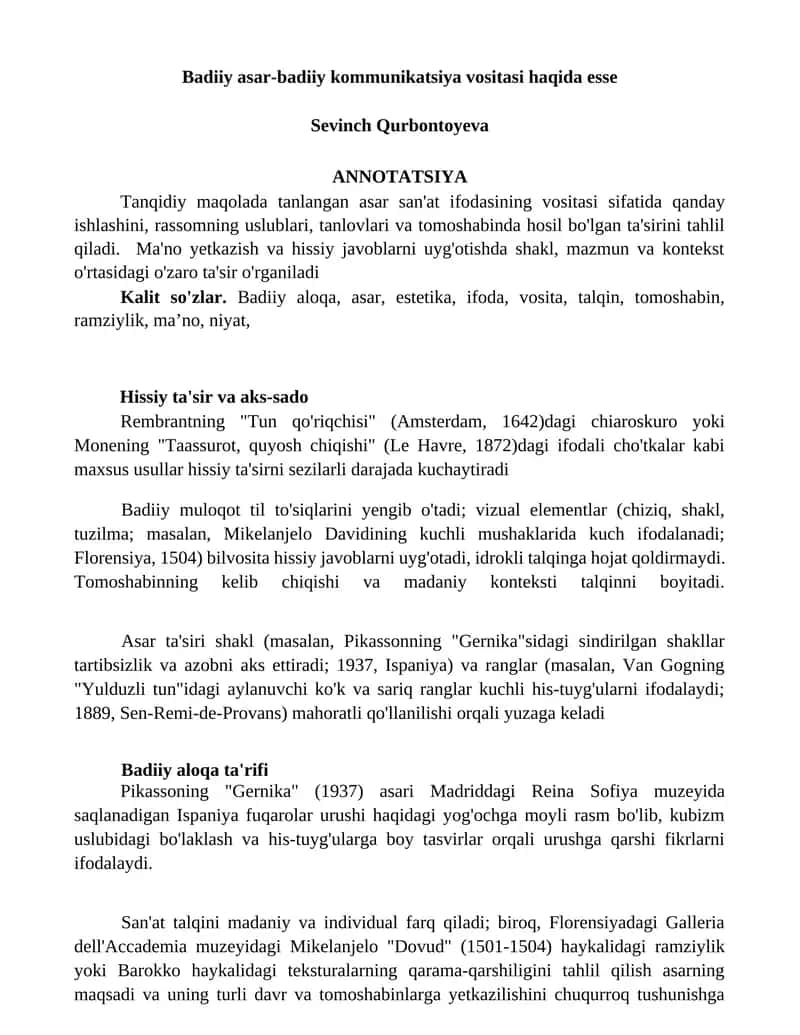 Badiiy asar-badiiy kommunikatsiya vositasi haqida esse 1