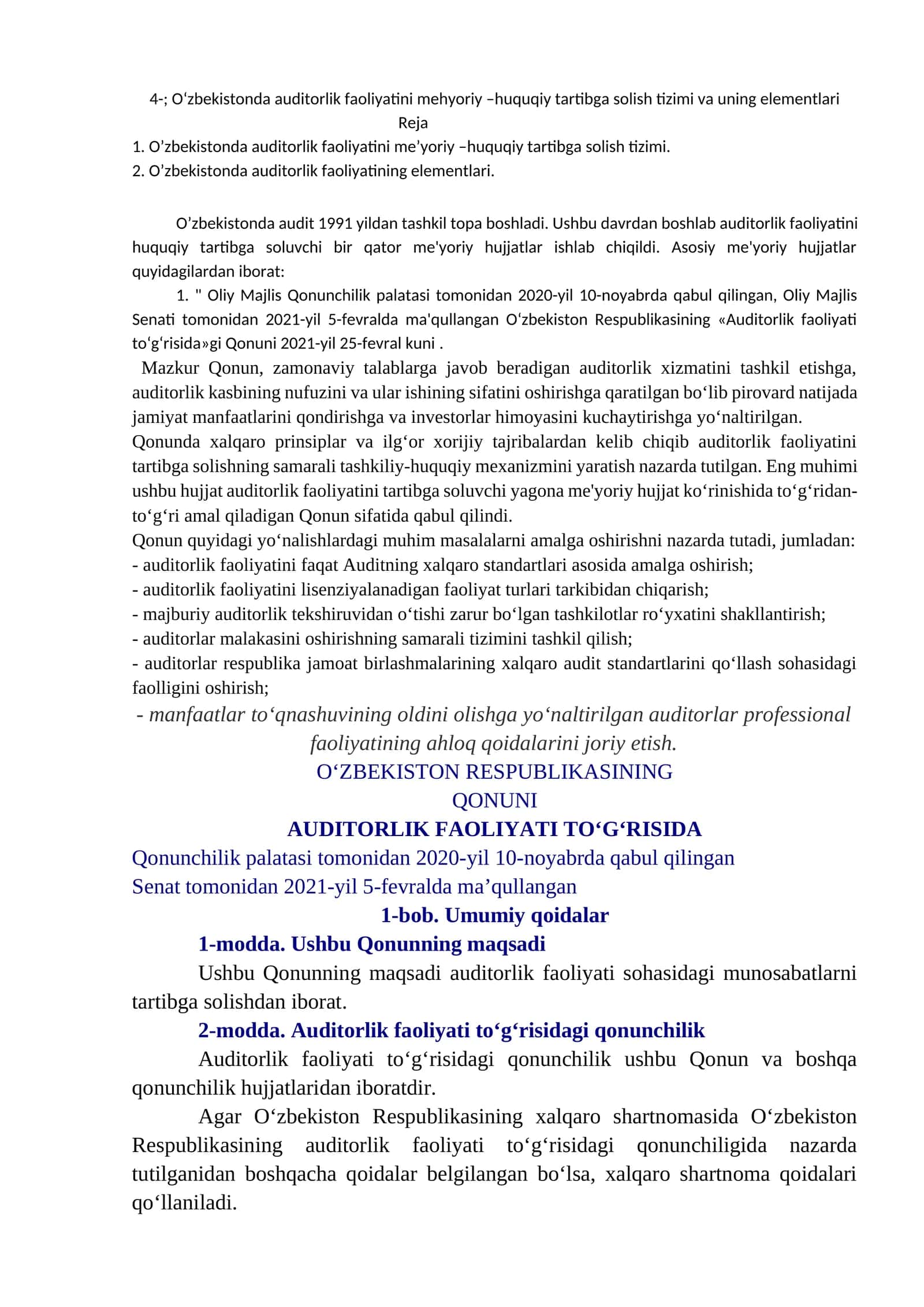 O‘zbekistonda auditorlik faoliyatini mehyoriy –huquqiy tartibga solish tizimi va uning elementlari 1