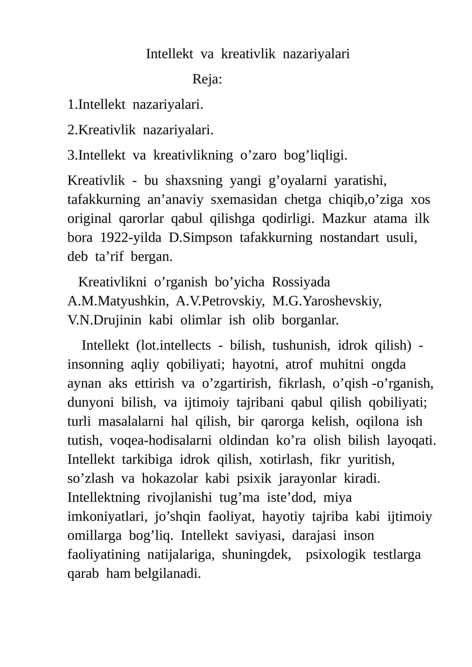 Intellekt va kreativlik nazariyalari 1